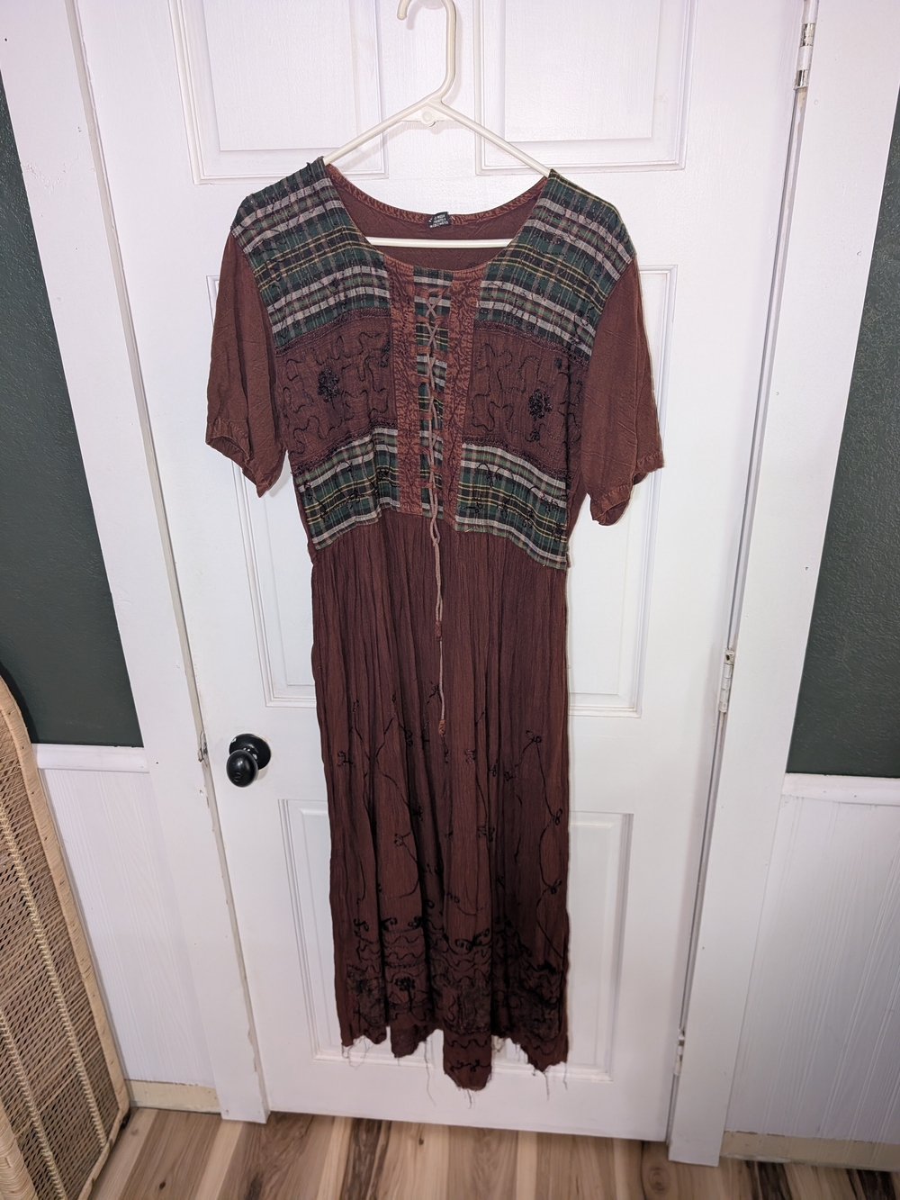 Bohemian Lace-Up Brown Maxi Dress with Plaid Yoke